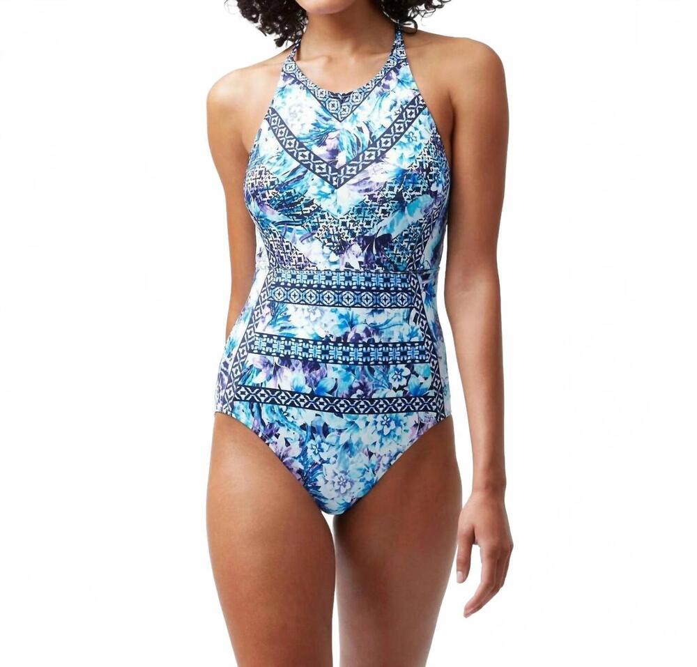 NEW TOMMY BAHAMA petals high-neck one-piece swimsuit in blue/ multi